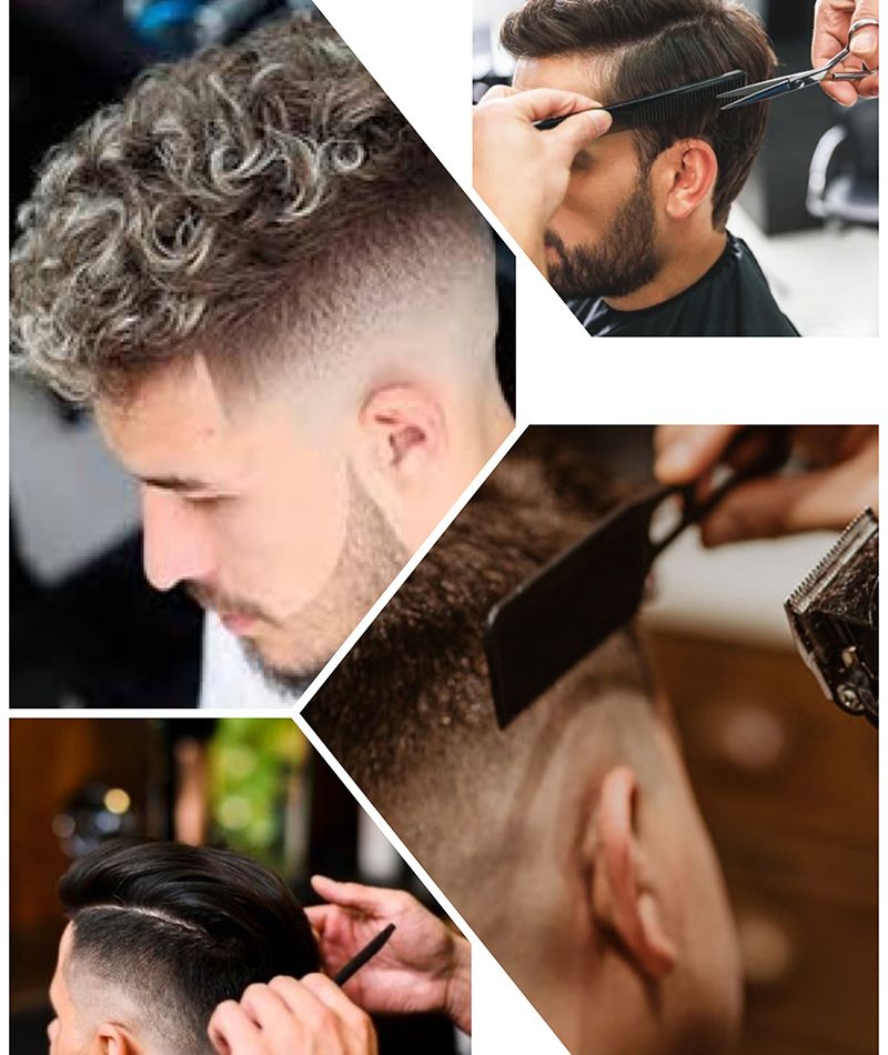 Collage de servicios de peluquería de caballero.