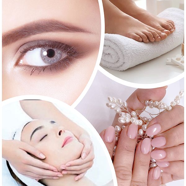 Collage de servicios de estética: un ojo y ceja maquillados, unos pies encima de una toalla blanca para pedicura, un rostro con unas manos que le están dando un masaje y unas uñas maquilladas.